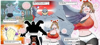 1girl absurdres bandana bicycle bike_shorts bike_shorts_under_shorts breasts brown_hair collarbone commentary constricted_pupils covered_erect_nipples crushing english_commentary english_text evil_grin evil_smile female_orgasm forest gameplay_mechanics gen_1_pokemon grin heart highres huge_breasts huge_penis machamp maru_zyru_kun master_ball may_(pokemon) midriff nature navel nintendo open_mouth orgasm penis penis_awe poke_ball pokemon pokemon_oras pokephilia pussy_juice pussy_juice_drip_through_clothes red_bandana round_teeth see-through_clothes see-through_shirt shirt short_shorts shorts smile striped_bandana sweat swept_bangs teeth throwing throwing_poke_ball tree uncensored upper_teeth_only veins veiny_penis white_bandana white_shorts