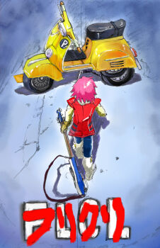1girl akira_(manga) akira_movie_poster boots flcl gloves guitar haruhara_haruko highres instrument motor_vehicle parody pink_hair scooter short_hair solo tukatukatukapi vespa white_boots yellow_gloves