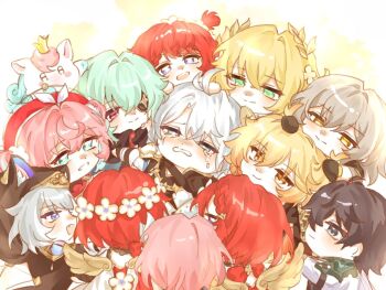 4boys 6+girls aglaea_(honkai:_star_rail) anaxa_(honkai:_star_rail) angel_wings animal_ear_fluff animal_ears animal_hood black_hair black_leotard blonde_hair blue_eyes cat_ears cat_girl cat_hood chibi chibi_only chrysos_heirs_(honkai:_star_rail) cipher_(honkai:_star_rail) commentary_request cross-shaped_pupils crying crying_with_eyes_open cyrene_(aedes_elysiae)_(honkai:_star_rail) cyrene_(honkai:_star_rail) dan_heng_(honkai:_star_rail) dan_heng_(hunt)_(honkai:_star_rail) eyepatch green_eyes green_hair grey_hair group_hug honkai:_star_rail honkai_(series) hood hug hyacine_(honkai:_star_rail) korean_commentary leotard little_ica_(honkai:_star_rail) mueng581 multiple_boys multiple_girls mydei_(honkai:_star_rail) pegasus phainon_(honkai:_star_rail) pink_hair red_hair short_hair simple_background stelle_(honkai:_star_rail) streaming_tears symbol-shaped_pupils tears trailblazer_(honkai:_star_rail) trianne_(honkai:_star_rail) tribbie_(honkai:_star_rail) trinnon_(honkai:_star_rail) white_background wings yellow_eyes