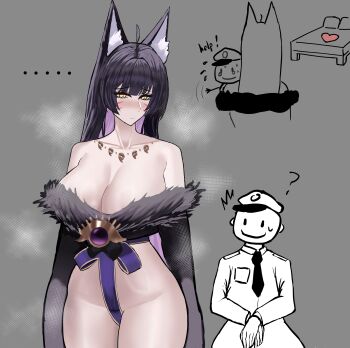 1boy 1girl ? absurdres ahoge animal_ear_fluff animal_ears azur_lane bare_shoulders bed black_hair blush breasts chinese_commentary colored_inner_hair commander_(azur_lane) commentary_request english_text fox_ears fox_girl fox_tail fur_trim heart highres kitsune large_breasts multicolored_hair multiple_tails musashi_(azur_lane) nervous_sweating pink_hair simple_background steaming_body sweat tail tomoe_(symbol) user_hjax5287 yellow_eyes you_gonna_get_raped