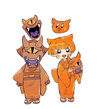 Rule 34 | 1girl, :d, angry scarfy, back bow, blush, blush stickers, bow, commentary, creature and personification, dancho no mori, dual persona, fang, fangs, hair ears, highres, holding, holding mask, japanese clothes, kimono, kirby (series), long sleeves, looking at viewer, mask, nintendo, obi, one-eyed, open mouth, orange hair, orange kimono, personification, pointy ears, sandals, sash, scarfy, short hair, simple background, smile, standing, symbol-only commentary, white background, wide sleeves