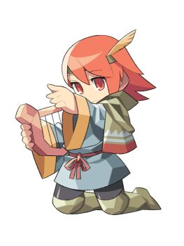 1girl anime_coloring aqua_sleeves aqua_tunic archived_source bard bard_(final_fantasy) black_leggings boots cape closed_mouth deformed feathers final_fantasy final_fantasy_iii full_body green_boots green_cape green_hairband hairband harp instrument itsumo_nokoru kneeling leggings long_hair looking_at_viewer music no_nose orange_eyes orange_hair playing_instrument refia short_cape simple_background smile solo square_enix thigh_boots tunic white_background wide_sleeves yellow_feathers