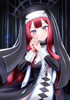 1girl baobhan_sith_(fate) black_dress black_veil blush breasts commentary_request dress fate/grand_order fate_(series) grey_eyes highres hujo244 long_hair long_sleeves looking_at_viewer medium_breasts nun nun_headdress red_hair sidelocks solo tiara veil