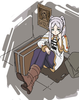 1girl absurdres boots frieren green_eyes grey_hair hand_on_own_knee highres long_hair looking_at_viewer paxa349 pointy_ears sousou_no_frieren twintails