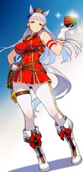1girl :d absurdres animal_ears armband belt belt_pouch blue_bow blunt_bangs boots bow bowtie brown_bag brown_belt brown_hat commentary_request dress ear_bow full_body gloves gold_ship_(red_strife)_(umamusume) gold_ship_(umamusume) grey_hair grin hat highres holding_cube horse_ears horse_girl horse_tail long_hair looking_at_viewer open_mouth pantyhose pillbox_hat pouch psd_available purple_eyes red_armband red_bow red_bowtie red_dress reibun_(raven1119) rubik&#039;s_cube sleeveless sleeveless_dress smile solo standing tail umamusume v-shaped_eyebrows white_boots white_gloves white_pantyhose
