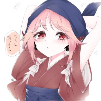 1girl adjusting_clothes adjusting_headwear armpit_peek arms_behind_head bird_girl blue_scarf blush commentary headscarf japanese_clothes kimono looking_at_viewer mystia_lorelei pink_hair red_eyes red_kimono scarf simple_background solo speech_bubble touhou touya_(148rty) translation_request upper_body white_background wing_ears
