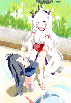 2girls absurdres ako_(blue_archive) aris_(blue_archive) black_hair black_shirt blue_archive blue_buruma blue_hair blue_halo blush bm_tol breasts buruma chain-link_fence closed_eyes commentary demon_horns demon_wings fence forehead from_above full_body grin gym_shirt gym_uniform halo highres hina_(blue_archive) holding_hands horns long_hair looking_at_viewer multiple_girls one_side_up open_mouth outdoors parted_bangs parted_lips puffy_short_sleeves puffy_sleeves purple_eyes purple_wings red_buruma red_shoes shirt shoes short_sleeves small_breasts smile sneakers socks standing very_long_hair white_hair white_shirt white_shoes white_socks wings