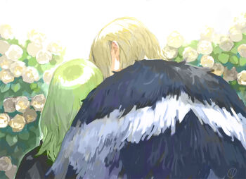 11mtri 1boy 1girl armor black_armor black_cape black_fur blonde_hair cape commentary_request dimitri_alexandre_blaiddyd dimitri_alexandre_blaiddyd_(timeskip) female_byleth_(awakened)_(fire_emblem) female_byleth_(fire_emblem) fire_emblem fire_emblem:_three_houses flower from_behind gorget green_hair hair_behind_ear hetero leaf medium_hair nintendo plant rose upper_body white_flower white_fur white_rose
