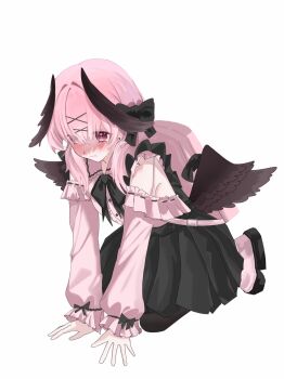 1girl all_fours alternate_costume backpack bag bare_shoulders black_bow black_bowtie black_skirt black_wings blue_archive blush bow bowtie center_frills closed_mouth collared_shirt crying crying_with_eyes_open eyes_visible_through_hair feathered_wings frilled_shirt frilled_sleeves frills frown full_body hair_between_eyes hair_intakes hair_ornament head_wings high-waist_skirt highres jirai_kei koharu_(blue_archive) low_wings no_headwear off-shoulder_shirt off_shoulder pink_bag pink_eyes pink_hair pink_shirt pleated_skirt shirt simple_background skirt sleeve_bow solo tears white_background wings x_hair_ornament xiaoxiaoyifan