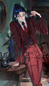 1boy antique_phone blood blue_hair collared_shirt highres jacket long_hair mirror mizumi_zumi necktie original phone ponytail red_eyes red_necktie red_vest rotary_phone shirt smile solo vest white_shirt