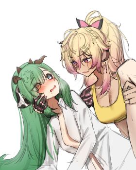 2girls absurdres animal_ears blonde_hair blue_eyes blush bow breasts cleavage colored_sclera cow_ears cow_girl cow_horns crelly_(vtuber) cyborg dark-skinned_female dark_skin eye_contact gradient_hair green_hair grey_sclera hair_bow hair_down hand_on_another's_face heterochromia highres horns implied_sex implied_yuri indie_virtual_youtuber koko_d._nuts lavidi long_hair looking_at_another mechanical_arms mole mole_on_breast monkey_ears monkey_girl multicolored_hair multiple_girls nervous open_clothes open_mouth open_shirt pale_skin pink_eyes pink_hair ponytail red_eyes shirt sports_bra spread_legs sweat thighs virtual_youtuber white_background white_shirt yellow_sports_bra yuri