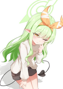 1girl ;t absurdres black_shorts blue_archive blush clenched_hand closed_mouth commentary_request cowboy_shot demon_girl demon_tail dutch_angle eyes_visible_through_hair green_hair green_halo hair_between_eyes hair_ribbon hairband halo hand_on_own_thigh hand_up highres hikari_(blue_archive) hikari_(mom's_touch)_(blue_archive) long_hair long_sleeves looking_at_viewer official_alternate_costume one_eye_closed orange_hairband orange_ribbon pointy_ears ribbon sakura_koigetsu shadow shorts sidelocks simple_background solo tail thick_eyebrows very_long_hair wavy_hair white_background