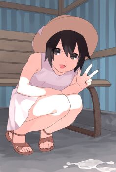 1boy :d anzyupai bare_arms bare_shoulders bench black_eyes black_hair brown_hat brown_sandals crossdressing crossdressing_(mtf) day dress hair_between_eyes hand_on_own_thigh hand_up hat knees_together_feet_apart leaning_forward looking_at_viewer male_focus on_floor open_mouth original outdoors puddle sandals sexually_suggestive short_dress smile solo squatting suggestive_fluid tiptoes toes trap w white_dress