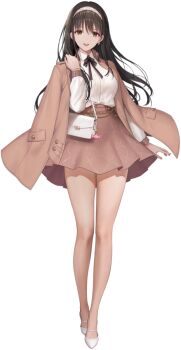 1girl bag black_hair black_ribbon blinking bouncing_breasts breasts brown_coat brown_skirt coat coat_on_shoulders collared_shirt diesel_(nikke) diesel_(strawberry_flower)_(nikke) dramz floating_hair goddess_of_victory:_nikke hairband handbag high-waist_skirt large_breasts long_hair long_sleeves looking_at_viewer multiple_views neck_ribbon official_alternate_costume official_art open_mouth ribbon shirt shoes skirt standing thighs white_hairband white_shirt white_shoes