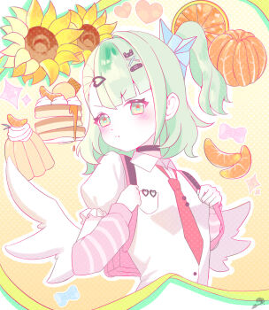 Rule 34 | 1girl, :t, absurdres, arm warmers, bag, bandaid, bandaid hair ornament, bangyong, black choker, blush, bow, choker, closed mouth, commentary, english commentary, flower, food, fruit, green eyes, green hair, hair ornament, heart, heart hair ornament, highres, looking at viewer, mandarin orange, multiple hair clips, necktie, pink arm warmers, pink bag, pink bow, pout, red necktie, shirt, solo, sparkle, striped arm warmers, sunflower, sunna (zenless zone zero), upper body, v-shaped eyebrows, white shirt, white wings, winged bag, wings, yellow background, zenless zone zero