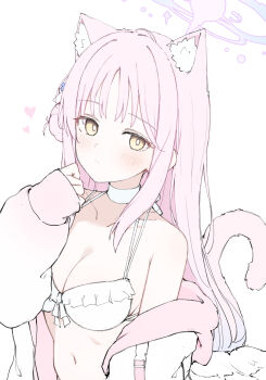 Rule 34 | 1girl, animal ear fluff, animal ears, bikini, blue archive, blush, breasts, cat ears, cat tail, choker, cleavage, closed mouth, collarbone, hair bun, halo, heart, highres, jacket, large breasts, long hair, looking at viewer, mika (blue archive), navel, open clothes, open jacket, pink hair, pink halo, simple background, single side bun, solo, swimsuit, tail, upper body, white background, white bikini, white choker, white wings, wings, yellow eyes, yuukun mk-ii