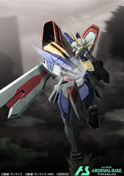 Rule 34 | bakunetsu god finger, card (medium), commentary request, company name, copyright logo, copyright name, copyright notice, g gundam, glowing, glowing hand, god gundam, green eyes, gundam, gundam arsenal base, logo, m yuzuruha, mecha, mecha focus, mobile suit, no humans, official art, robot, science fiction, solo, super robot, v-fin