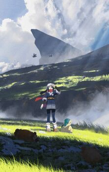 1girl :o akari_(pokemon) asteroid_ill bidoof blue_kimono bodysuit cloud commentary_request cyndaquil field floating_hair floating_scarf galaxy_expedition_team_survey_corps_uniform gen_2_pokemon gen_4_pokemon grass headscarf highres japanese_clothes kimono light_rays looking_afar mountain nintendo outdoors pokemon pokemon_(creature) pokemon_legends:_arceus red_scarf scarf scenery shade shading_eyes shadow starly white_headscarf wide_shot
