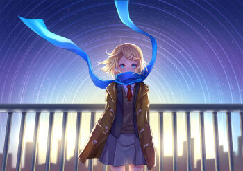 1girl arms_behind_back backlighting blazer blonde_hair blue_eyes blue_scarf blurry blurry_background brown_jacket cityscape commentary_request covering_own_mouth depth_of_field female_focus fence hair_ornament hairclip highres jacket kagamine_rin light_trail looking_at_viewer mikmix necktie open_clothes open_jacket pleated_skirt red_necktie scarf school_uniform short_hair skirt sky solo star_(sky) star_trail starry_sky sunrise sweater vocaloid