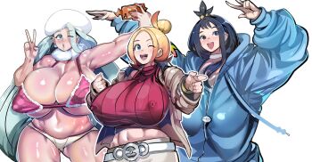 3girls bikini black_hair blonde_hair blue_eyes blue_jacket bracelet breasts covered_erect_nipples female_focus grey_hair highres huge_breasts jacket jewelry julioalqae lida_(pokemon) long_hair looking_at_viewer mature_female melony_(pokemon) multiple_girls nintendo one_eye_closed open_mouth pokemon red_bikini red_sweater shiny_skin short_hair standing sweater swimsuit taunie_(pokemon) underboob white_background wink