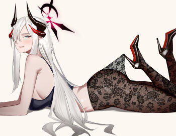1girl absurdres black_horns black_sports_bra blue_archive breasts curved_horns demon_horns erlisa_takanashi floral_print_pantyhose gradient_halo gradient_horns grey_hair hair_over_one_eye halo high_heels highres hooked_on_heel horns lace_pantyhose lace_pantyhose_hooked_on_heel_(meme) large_breasts long_hair lying makoto_(blue_archive) meme multicolored_halo multicolored_horns multiple_horns on_stomach pantyhose pantyhose_tug pointy_ears red_halo solo sports_bra the_pose
