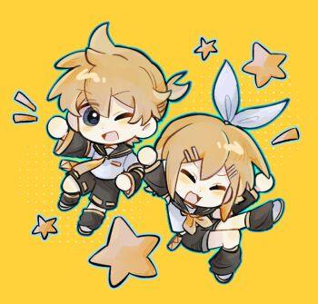 Rule 34 | 1boy, 1girl, :3, :d, ;d, \o/, ^ ^, arms up, bare shoulders, black sailor collar, black shorts, black sleeves, black socks, blue eyes, blue outline, blush, bow, brother and sister, chibi, chibi only, chinese commentary, closed eyes, commentary request, detached sleeves, dot nose, double-parted bangs, gongs0313, hair behind ear, hair between eyes, hair bow, hair ornament, halftone, halftone background, hand on own hip, invisible chair, kagamine len, kagamine rin, kneehighs, leg up, looking at viewer, loose socks, neckerchief, necktie, no fingers, notice lines, one eye closed, open mouth, outline, outstretched arms, pale skin, ponytail, sailor collar, shirt, shoes, short hair, short ponytail, short sleeves, shorts, siblings, sidelocks, simple background, sitting, sleeveless, sleeveless shirt, smile, socks, standing, standing on one leg, star (symbol), star symbol background, tongue, twins, v-shaped eyebrows, vocaloid, white bow, white shirt, white shoes, yellow background, yellow neckerchief, yellow necktie, yellow trim