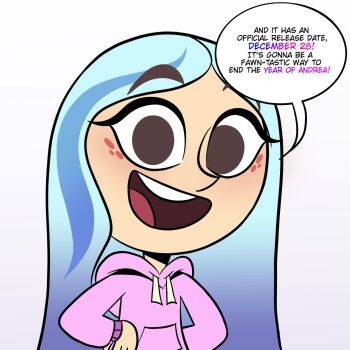 Rule 34 | 1girl, andrea davenport, commentary, drawstring, english commentary, english text, hands on own hips, highres, hood, hoodie, joseartcentenoofficial, long hair, looking at viewer, pink hoodie, solo, speech bubble, the ghost and molly mcgee, very long hair