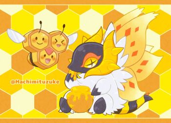 Rule 34 | > <, :d, artist name, combee, eating, gen 4 pokemon, hachimituzuke, honey, honeycomb (pattern), honeycomb background, ibispaint (medium), nintendo, no humans, open mouth, pokemon, pokemon (creature), slither wing, smile, symbol-shaped pupils, x-shaped pupils