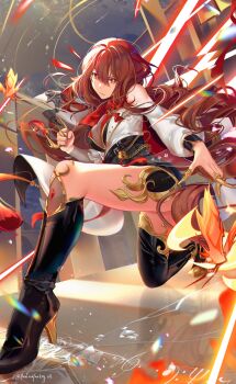 1girl absurdres archionturkey black_boots black_shorts boots breasts brooch cleavage clenched_hand crack cracked_glass full_body head_tilt highres holding holding_jewelry holding_necklace indie_virtual_youtuber jewelry lens_flare long_hair looking_at_viewer mina_aoyama necklace on_one_knee outstretched_arms red_hair see-through_cleavage see-through_clothes serious shirt short_shorts shorts solo thigh_boots thighs tight_clothes white_shirt