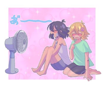 Rule 34 | 1boy, 1girl, alternate costume, antenna hair, bandaid, bandaid on arm, bandaid on knee, bandaid on leg, barefoot, basil (faraway) (omori), basil (omori), black hair, black shorts, blonde hair, blush, closed eyes, dark-skinned female, dark skin, donuqx, electric fan, flower, glasses, green shirt, grey tank top, hair flower, hair ornament, highres, mincy (omori), omori, open mouth, red-framed eyewear, seiza, shirt, short hair, short sleeves, shorts, sidelocks, sitting, smile, sweat, t-shirt, tank top, translated