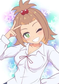 1girl ;) absurdres alternate_breast_size_(larger) bangs_pinned_back blush breasts brown_hair cleavage collarbone colored_inner_hair commentary diamond-shaped_pupils diamond_(shape) fang fley0205 green_eyes grin gyaru hair_bobbles hair_ornament hand_on_own_hip highres kogal long_sleeves medium_breasts medium_hair multicolored_hair neck_ribbon oka_asahi one_eye_closed onii-chan_wa_oshimai! orange_hair red_ribbon ribbon shirt simple_background smile solo star_(symbol) symbol-shaped_pupils two-tone_hair upper_body v white_shirt