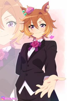 Rule 34 | 1girl, animal ears, black jacket, black pants, black suit, blush, bow, breasts, closed mouth, collared shirt, crown, ear ornament, flower, formal clothes, hair between eyes, highres, horse ears, horse girl, jacket, long sleeves, looking at viewer, meiji (kurumierika), mini crown, orange hair, outstretched arm, pants, pink crown, purple bow, purple eyes, reaching, reaching towards viewer, shirt, short hair, smile, solo, suit, t.m. opera o (umamusume), umamusume, white shirt, zoom layer