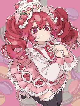 1girl :3 bib_collar black_thighhighs blush cake cake_hat colored_eyelashes commentary dress drill_hair food food-themed_hair_ornament food_print fruit_print hair_between_eyes hair_ornament hakamecreation high_collar highres holding_own_hand kasane_teto lace lace-trimmed_thighhighs lace_trim lolita_fashion looking_at_viewer macaron_background mary_janes petticoat pink_dress pink_trim purple_pupils red_eyes red_hair seiza shoes sidelocks sitting sleeve_cuffs solo star_(symbol) star_print strawberry_hair_ornament strawberry_print strawberry_shortcake striped_clothes symbol-only_commentary thighhighs twin_drills utau vertical-striped_clothes white_shoes zettai_ryouiki