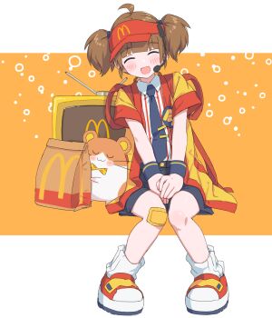 Rule 34 | 1girl, :d, ^ ^, ahoge, badge, bag, between legs, black necktie, black shorts, blush, brown hair, bubble background, button badge, closed eyes, commentary request, crt, gauze on knee, hand between legs, hat, hayashi naoharu, headset, highres, imadake dabuchi tabemi, knees together feet apart, leaning to the side, letterboxed, loose socks, mcdonald's, microphone, necktie, open mouth, orange background, outside border, own hands together, paper bag, pinstripe pattern, pinstripe shirt, rabbit ears antenna, red footwear, red hat, red shirt, red trim, shirt, shorts, sitting, smile, socks, solo, tie clip, twintails, uwu, v arms, velcro footwear, visor cap, white shirt, white socks, yellow happi