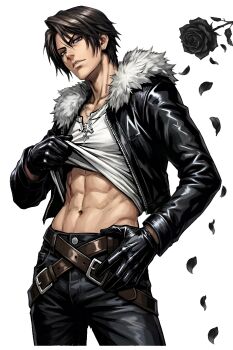 1boy abs absurdres belt black_flower black_gloves black_jacket black_pants black_petals black_rose blue_eyes brown_belt brown_eyes clothes_lift commentary cowboy_shot crossed_belts earrings falling_petals final_fantasy final_fantasy_viii flower fur-trimmed_jacket fur_trim gloves hair_between_eyes hand_on_own_hip highres jacket jewelry leather leather_gloves leather_jacket locke_otaku looking_at_viewer male_focus midriff multiple_belts navel necklace pants parted_bangs parted_lips petals rose scar scar_on_face scar_on_forehead shirt shirt_lift short_hair silver_necklace single_earring solo squall_leonhart stud_earrings white_background white_shirt