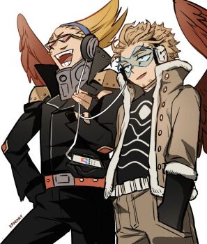 2boys amplifier audio_jack belt blonde_hair boku_no_hero_academia boots cable cellphone costume cowboy_shot crested_hair epaulettes facial_hair facial_mark feathered_wings feathers fingerless_gloves from_below fur-trimmed_jacket fur_trim gloves goatee hand_in_pocket hawks_(boku_no_hero_academia) headphones holding holding_cable holding_phone jacket kadeart leather leather_jacket leather_pants listening_to_music long_hair male_focus multiple_boys mustache open_mouth pants phone present_mic red_feathers red_wings rimless_eyewear sharing shirt short_hair side-by-side simple_background smartphone standing stubble studded_belt studded_jacket sunglasses teeth tight_clothes tight_shirt tinted_eyewear twitter_username white_background wings