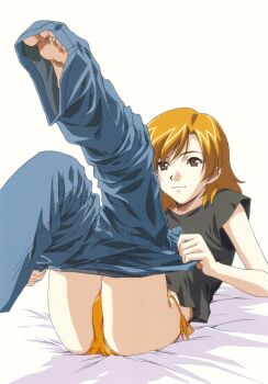 Rule 34 | 1girl, character request, copyright request, denim, dressing, female focus, highres, horibe hiderou, jeans, jpeg artifacts, panties, pants, side-tie panties, simple background, smile, solo, underwear, white background