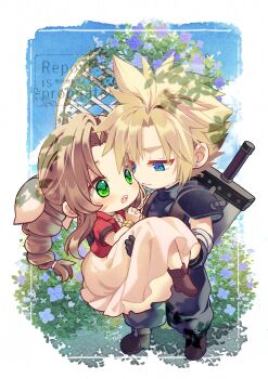 1boy 1girl absurdres aerith_gainsborough arestear0701 armor artist_name baggy_pants bandaged_arm bandages black_boots black_gloves blonde_hair blue_eyes blue_flower blue_pants blue_shirt boots braid braided_ponytail brown_boots brown_hair buster_sword carrying chibi chibi_only cloud_strife commentary_request cropped_jacket dress earrings final_fantasy final_fantasy_vii final_fantasy_vii_remake flower full_body gloves gold_bangle green_eyes hair_between_eyes hair_ribbon hair_tie hetero highres jacket jewelry light_blush long_dress long_hair looking_at_another necklace open_mouth own_hands_clasped own_hands_together pants parted_bangs pauldrons pink_dress pink_ribbon princess_carry red_jacket ribbon shirt short_hair short_sleeves shoulder_armor sidelocks single_braid single_earring single_pauldron spiked_hair suspenders sword sword_on_back weapon weapon_on_back