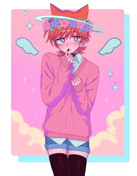 1boy alternate_costume alternate_universe androgynous animification bishounen black_nails black_thighhighs blue_shorts border borrowed_design brown_hair cloud commentary_request cowboy_shot dear_starboy denim denim_shorts detached_wings eddsworld flipped_hair girly_boy hair_ears halo head_wreath highres korean_commentary long_sleeves looking_at_viewer male_focus mmaattlove pink_background pink_sweater red_eyes shirt short_hair shorts solo star-shaped_pupils star_(symbol) sweater symbol-shaped_pupils thighhighs tord_(eddsworld) white_border white_shirt wings