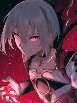 1boy absurdres androgynous armor black_sleeves collarbone dragon fire_emblem fire_emblem_engage flat_chest gem gold hair_between_eyes hair_ornament highres kagero-170 looking_at_viewer magic male_focus nintendo pendant_choker rafal_(fire_emblem) red_eyes shaded_face shirt shoulder_armor simple_background smile solo sparkle white_hair white_shirt