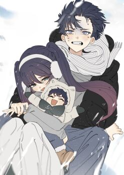 1girl 2boys alternate_universe animal_ear_hood aqua_eyes arms_at_sides arms_up asymmetrical_bangs bangs_pinned_back black_hair black_hood black_jacket black_mittens black_mouth black_sleeves blunt_bangs blunt_ends blurry blush boots brown_boots clenched_teeth commentary depth_of_field drawstring earmuffs english_commentary eyelashes facing_up fake_animal_ears family fang fingernails fringe_trim fur-trimmed_pants fur_trim genshin_impact gradient_hair grey_eyes grey_pants grey_shirt grey_sleeves hair_between_eyes hand_grab hetero highres hood hood_down hood_up hooded_jacket hug hug_from_behind if_they_mated jacket knees_together_feet_apart long_hair long_sleeves looking_at_another looking_at_viewer mittens mona_(genshin_impact) multicolored_hair multiple_boys open_clothes open_jacket outdoors padded_jacket pants pink_hair scaramouche_(genshin_impact) scarf shirt sidelocks sitting sitting_between_lap skin_fang snow striped_clothes striped_scarf swept_bangs teeth tsurime turn_pale twintails undershirt white_hood white_jacket white_pants white_scarf winter_clothes ysnden