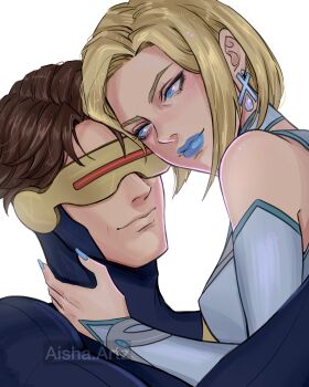 1boy 1girl absurdres artzaisha blonde_hair blue_eyes blue_lips blue_nails breasts choker couple cyclops_(x-men) earrings emma_frost hetero highres jewelry lipstick makeup marvel marvel_rivals short_hair smile x-men