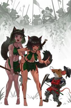 Rule 34 | 2girls, absurdres, animal ear fluff, animal ears, arm tattoo, armor, armored boots, boots, breastplate, cat ears, cat girl, cat tail, copyright request, facial tattoo, fantasy, gauntlets, gemi ningen, greaves, helmet, highres, holding, holding weapon, leaf, leaf bra, leaf clothing, leaf skirt, leg tattoo, mouse (animal), multiple boys, multiple girls, original, pauldrons, plant clothing, polearm, shield, short hair, shoulder armor, shoulder tattoo, stomach tattoo, sword, sword on back, tail, tail raised, tattoo, tribal, tribal tattoo, weapon, weapon on back