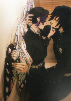 1boy 1girl absurdres belt black_hair breasts butterfly_hair_ornament buttons closed_mouth demon_slayer_uniform face-to-face finger_to_another&#039;s_mouth from_side hair_ornament hand_on_another&#039;s_head haori hetero highres japanese_clothes kimetsu_no_yaiba kochou_shinobu long_hair long_sleeves looking_at_another lying medium_breasts niku_(ni23ku) on_back pushing_down short_hair sidelocks sideways tomioka_giyuu translation_request white_belt