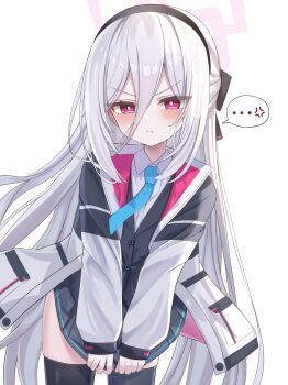... 1girl :t absurdres anger_vein aoraine black_bow black_hairband black_skirt black_vest blue_archive blue_necktie blush bow commentary dot_nose double-parted_bangs embarrassed hair_between_eyes hairband halo highres jacket kei_(blue_archive) kei_(new_body)_(blue_archive) long_hair long_hair_between_eyes looking_at_viewer necktie open_clothes open_jacket pink_halo pleated_skirt pout rectangular_halo red_eyes ringed_eyes shirt simple_background skirt skirt_tug solo spoken_anger_vein sweatdrop very_long_hair vest white_background white_hair white_jacket white_shirt