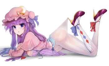 1girl ankle_bow ankle_ribbon ass blue_bow blue_eyes bow breasts capelet cleavage crescent eyelashes frilled_sleeves frills hair_bow hat hat_bow high_heels highres hime_cut hip_focus jitome lace_pantyhose_hooked_on_heel_(meme) leg_ribbon long_hair long_sleeves looking_at_viewer lying medium_breasts meme mob_cap namiki_(remiter00) nose on_stomach open_mouth pantyhose patchouli_knowledge purple_hair red_bow ribbon shadow shoes sidelocks simple_background solo touhou white_background white_pantyhose