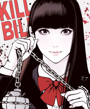 Rule 34 | 1girl, ball and chain (weapon), black hair, black jacket, blood, bow, bowtie, closed mouth, commentary request, copyright name, eyelashes, eyeshadow, fingernails, holding, holding weapon, jacket, kill bill, limited palette, lips, long hair, looking at viewer, makeup, pale skin, portrait, purple eyes, red bow, red bowtie, shirt, signature, smile, solo, spot color, takanashi shin, weapon, white shirt, yuubari gogo