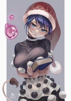 1girl blob blue_eyes blue_hair book breasts closed_mouth dated doremy_sweet grey_background haruno_(kuromitugozen) hat highres holding holding_book large_breasts looking_at_viewer nightcap outside_border pom_pom_(clothes) red_hat short_hair signature simple_background solo tail tapir_tail touhou twitter_username