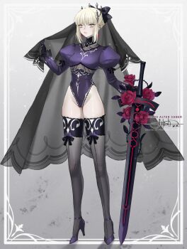 Rule 34 | 1girl, adapted costume, artist name, artoria pendragon (fate), black leotard, blue dress, breasts, bridal veil, character name, commentary, dark persona, dress, english commentary, excalibur morgan (fate), fate/stay night, fate (series), flower, full body, hair bun, heaven's feel, highres, juliet sleeves, leotard, long sleeves, medium breasts, princess ailish, puffy sleeves, rose, saber alter, signature, single hair bun, solo, thighhighs, tiara, veil, weapon