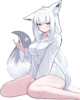 1girl absurdres animal_ear_fluff animal_ears blue_eyes breasts closed_mouth collared_shirt commentary_request deaver dress_shirt fox_ears fox_girl fox_shadow_puppet fox_tail highres hololive long_hair long_sleeves looking_at_viewer medium_breasts naked_shirt pentagram shirakami_fubuki shirt simple_background sitting solo tail thighs virtual_youtuber white_background white_shirt